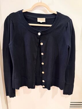 SHAE Navy Pleated Sleeve Cardigan Sweater 100% Cotton Size Large